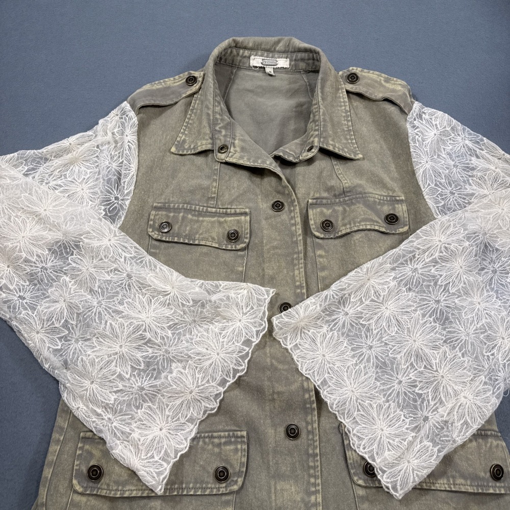 Gimmicks KHAKI FIELD Jacket FLAP POCKETS with CREAM  Lace ARMS Women's‎ Size M - Picture 2 of 9